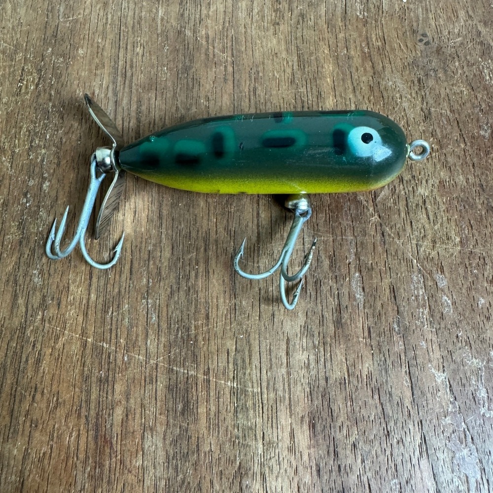 Heddon Baby Torpedo Wood Green Yellow Double Treble‎ Hook Vintage Lure